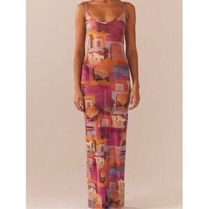 Peppermayo Pink Mesh Maxi Dress Mediterranean Print Spaghetti Strap Womens US 4